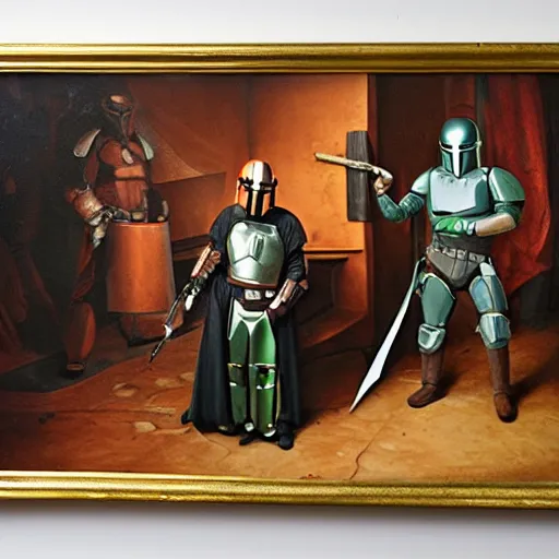 Prompt: renaissance oil painting of the mandalorian and baby grogu, renaissance oil painting, sharp focus, high contrast studio lighting
