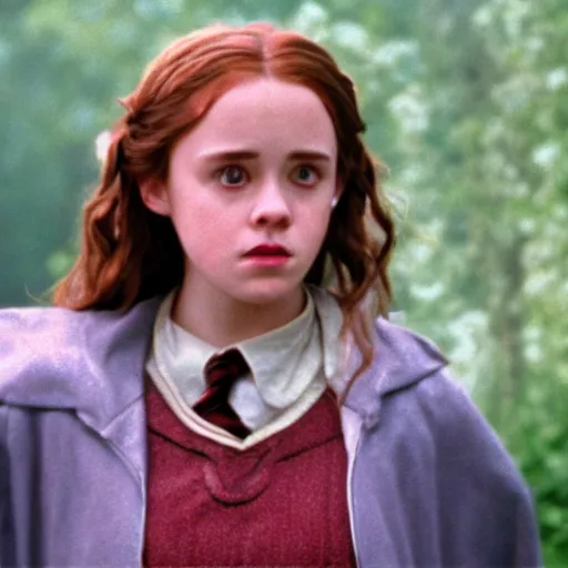 Prompt: Saddie Sink in Harry Potter as Hermione Granger, Movie Shot, high quality, 8k,