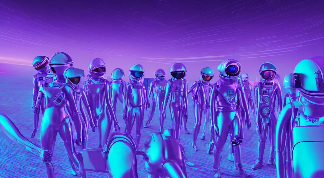 Prompt: hyper detailed neo-surreal neon purple and blue propaganda poster of mars workers from the 2050s cinematic lighting 8k wide angle shallow depth of field