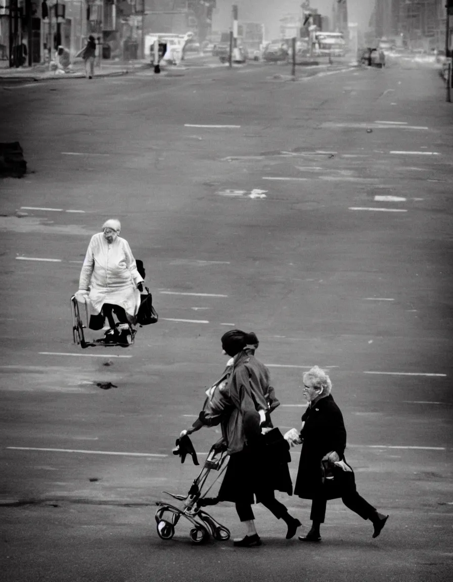 Prompt: A panicked old woman crossing the street with a walker. A nuclear mushroom cloud is in the background. Black and white photo by Annie Leibovitz.