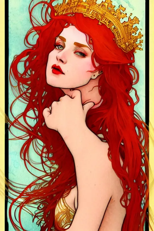 Image similar to watercolor, a red hair female underwater with a crown made of long golden fish!!, intricate, elegant, highly detailed, my rendition, digital painting, trending on artstation, concept art, smooth, sharp focus, illustration, art by alphonse mucha