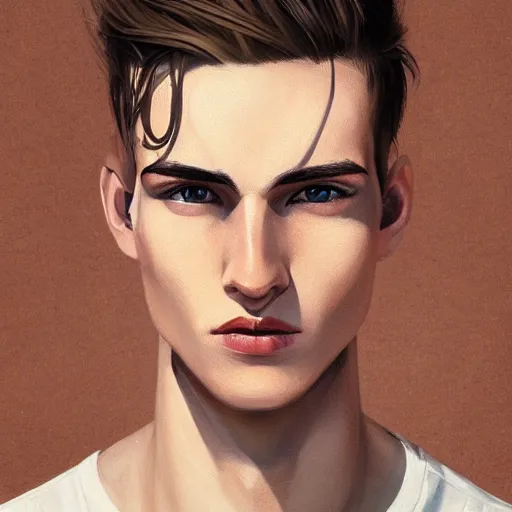 Prompt: man in his twenties with brown blond short quiff hair and thin slightly round facial structure with cleft chin, straight eyebrows, bumpy nose, good definition of cheekbones, Alert brown eyes, narrow face, slim body, atmospheric lighting, painted, intricate, 4k, highly detailed by Charlie Bowater