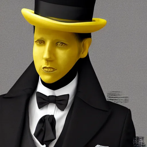 Image similar to a highly detailed portrait of a man in a high top hat covering his face, in a black tailcoat with a yellow waistcoat under the tailcoat, artstation, deviantart, professional, unreal engine 5, photorealistic