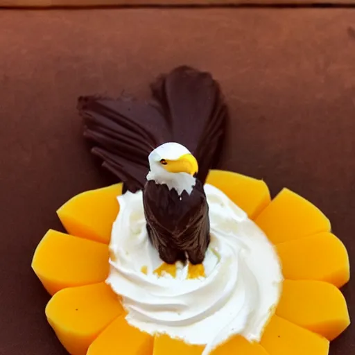 Image similar to a bald eagle made of chocolate powder, mango, and whipped cream