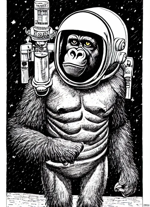 Image similar to a gorilla wearing a space helmet, as a d & d monster, full body, pen - and - ink illustration, etching, by russ nicholson, david a trampier, larry elmore, 1 9 8 1, hq scan, intricate details, inside stylized border