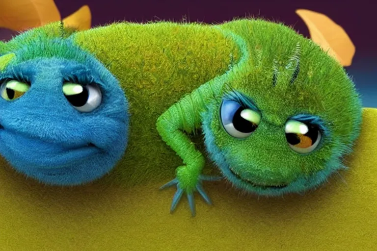 Image similar to disney pixar's a bug's life, cgi caterpillar colorful, furry caterpillar