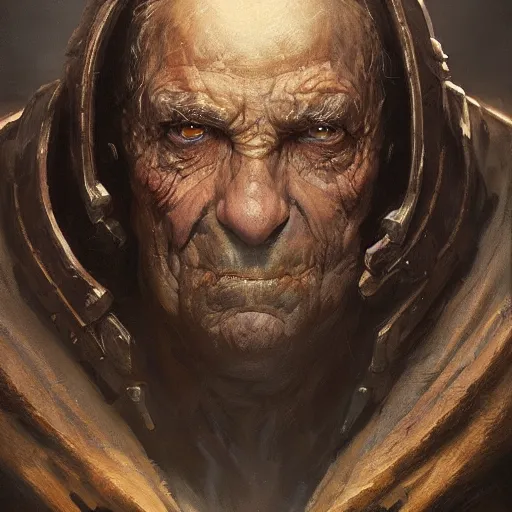 Prompt: a detailed portrait of an slightly old person with glowing eyes dressed with a dark leather armor, by justin gerard and greg rutkowski, digital art, realistic painting, character design, trending on artstation