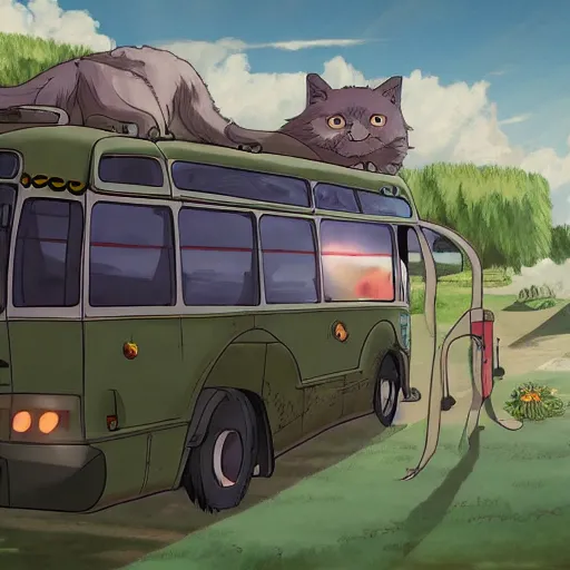 Prompt: A half wold and a half bus, called Wolfbus in anime style, looking like Catbus in Ghibli studio cartoons. 8k Resolution illustration. Trending on ArtStation and DeviantArt.