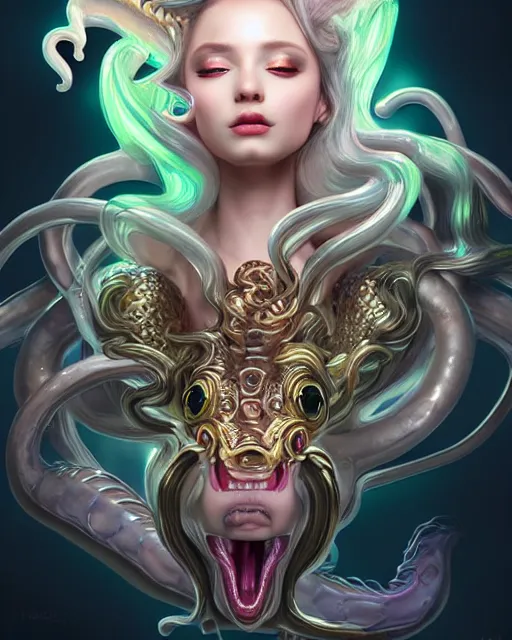 Image similar to cute female medusa woman dragon chimera of iridescent liquid, alchemy, shiny plastic, intricate, bloom, detailed, volumetric lighting, sharp focus, photorealism, digital painting, highly detailed, concept art, by by artgerm and wlop