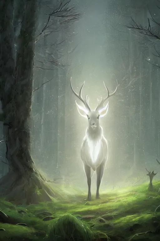 Image similar to Magical White Stag, lush evergreen forest, vivid colors, night scene, 4K, character concept art, oil painting, digital painting, painterly, cinematic lighting, rule of thirds, trending in artstation, cgsociety, by anato finnstark, Artgerm, Greg Rutkowski, Joseph Christian Leyendecker