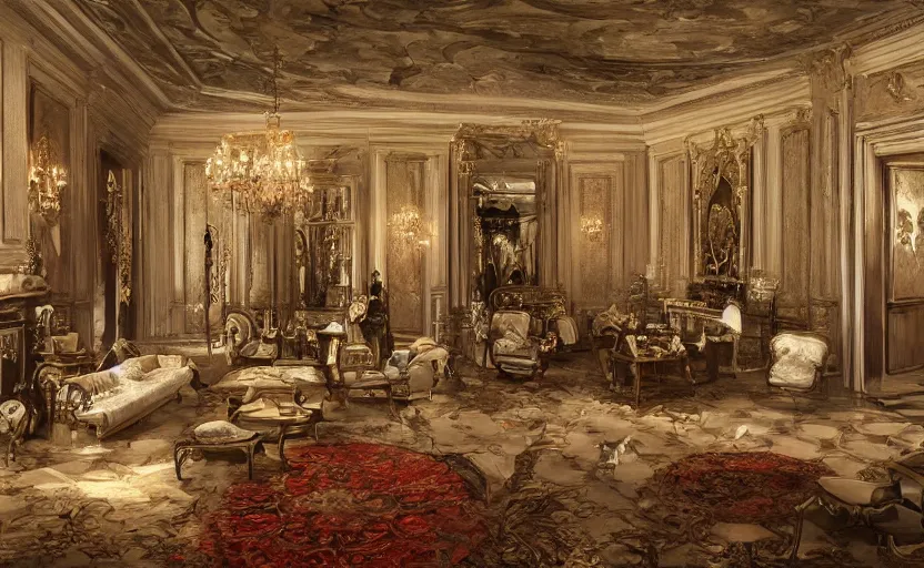 Image similar to realist rococo painting of a 1 9 2 0 s party in a beautiful mansion grand foyer, many partygoers, strong contrast, unreal engine, hyper realism, realistic shading, cinematic composition, realistic render, octane render, detailed textures, photorealistic, ultrawide shot, 3 5 mm film