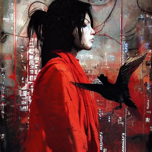 Prompt: portrait of a nostalgic latina in red monk habit being progressively rasterized into pixels from another world, she is surrounded by digital birds, oil on canvas by yoji shinkawa, esao andrews, dave mckean and stina persson