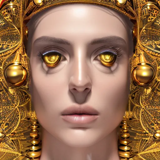 Image similar to a beautiful symmetrical face wearing a crown made of golden ornaments and gems by alex gray and android jones, 3D, 8k resolution
