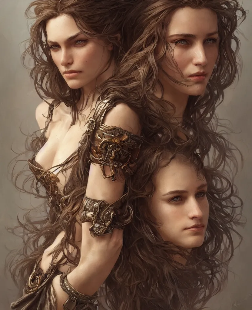 Prompt: portrait of a ruggedly beautiful goddess, soft hair, half body, leather, hairy, d & d, fantasy, intricate, elegant, highly detailed, digital painting, artstation, concept art, smooth, sharp focus, illustration, art by artgerm and greg rutkowski and alphonse mucha