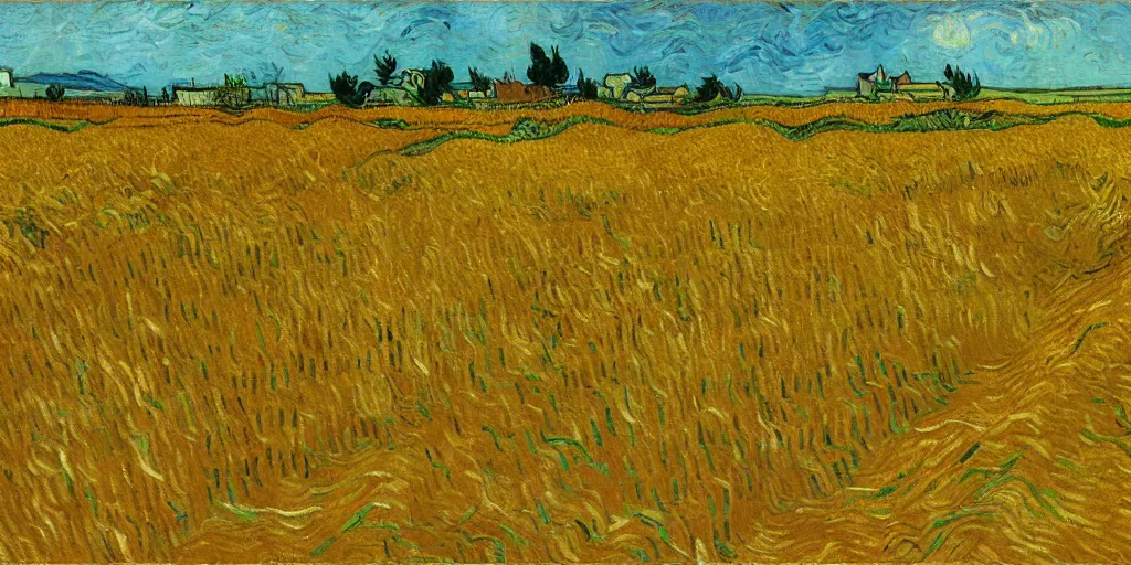 Prompt: golden wheat field, harvest, actual, lifelike, by vincent van gogh