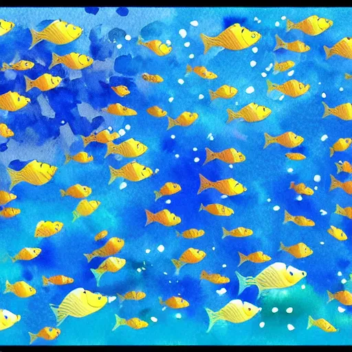 Prompt: A school of fish swimming in a coral reef, watercolor, trending on artstation