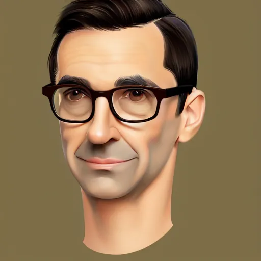 Prompt: 50 year old brunette man with very short hair, round face, romanian, glasses, romanian heritage, brown eyes, olive skin, round nose, round chin, clean shaven wide face, thin lips, , digital art, painterly, cartoon, cute, 8k, illustration, art by loish, painterly, trending on artstation, medium shot, uncropped