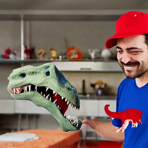 Image similar to italian plumber wearing a red hat and shirt, blue jumpsuit fighting a dinosaur.