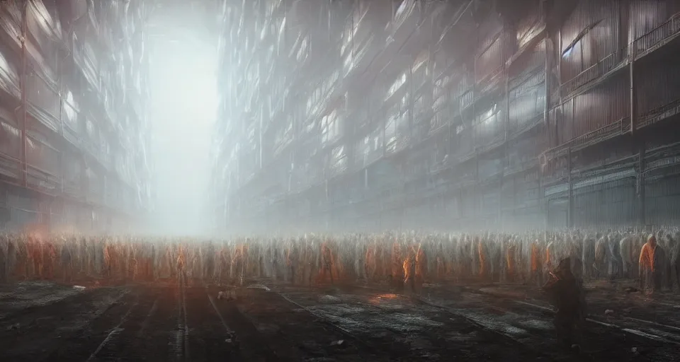Prompt: illustration of rows of humans in cryostasis in a cold warehouse, refrigerated storage facility, rolling fog, greg rutkowski, cyberpunk, dramatic lighting, unreal engine 5, colorful