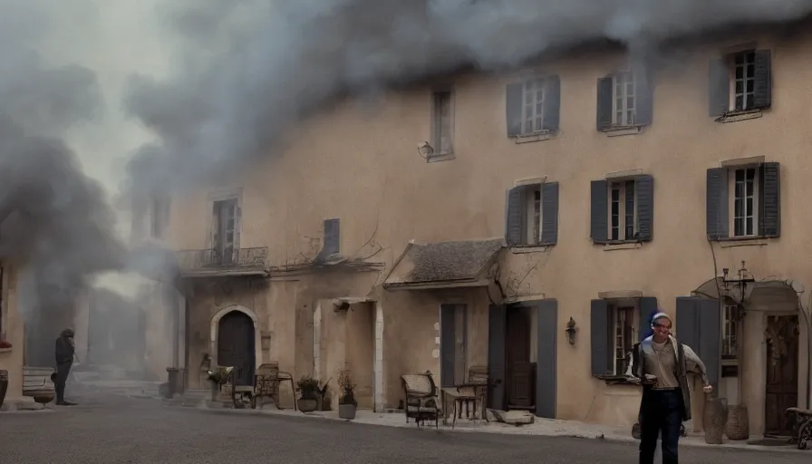 Prompt: movie still of nathan never in a french style townhouse who is burning in a small french village, heavy grain, high quality, high detail, dramatic light, anamorphic, flares