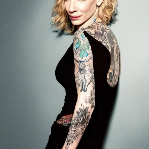 Image similar to full body tattooed cate blanchett, nose ring, 4k