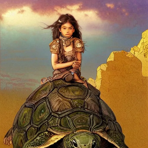 Image similar to a little warrior girl sitting on top of a giant turtle that is walking in the desert, seen from a distance. the girl is fully visible and has dark skin and beautiful green eyes, realistic full body and a very beautiful detailed face with long black hair. diffuse light, dramatic sky and landscape, fantasy illustration by mucha h 7 6 8