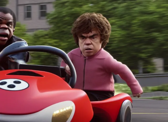 Image similar to peter dinklage racing gary coleman driving a little tikes cars, movie still, from the new fast and furious movie, 8 k, realistic