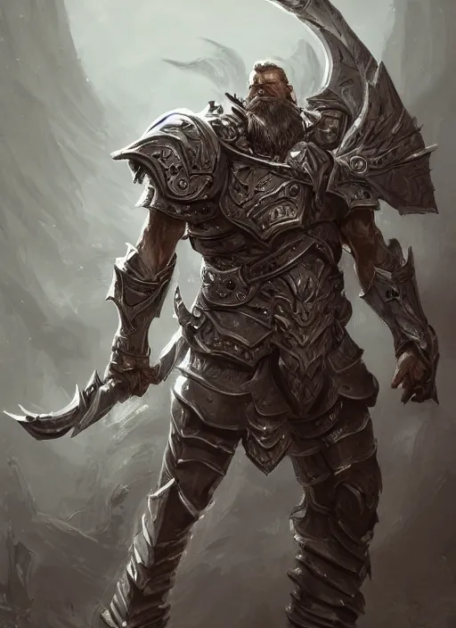 Image similar to a highly detailed illustration of furious rough bearded paladin wearing worn down silver armor, standing heroically war cry pose, intricate, elegant, highly detailed, centered, digital painting, artstation, concept art, smooth, sharp focus, league of legends concept art, WLOP