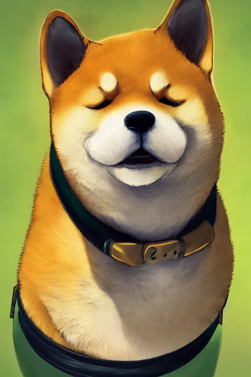 Image similar to portrait of fat shiba inu, fursona, anthro, male, bushy yellow eyebrows, detailed golden tan fur, anime key visual, concept art, digital painting, makoto shinkai