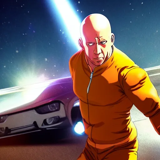 Image similar to vin diesel as saitama!!! throwing!!! a car!!!!!!!!!! into space, ultra realistic, lens flare, atmosphere, glow, detailed, intricate, full of colour, cinematic lighting, trending on artstation, 4 k, hyperrealistic, focused, extreme details, unreal engine 5, cinematic, masterpiece