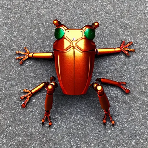 Image similar to end times paradox rust metallic beetle robot frog, photorealistic, 8 k, ultra detailed, all colors, many lines.