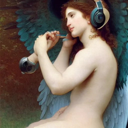 Image similar to an oil painting of an angel with headphones listening to vaporwave, by Bouguereau, highly detailed and intricate,