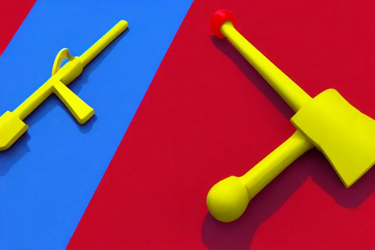 Prompt: product photo of toy hammer and sickle made by fisher price, colorful plastic, high quality, intricate detail, realistic textures, octane render, unreal engine 5, hyperrealism