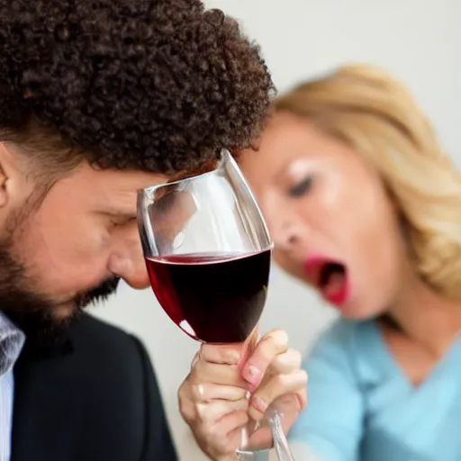 Image similar to a wife that is mad her husband for drinking wine.