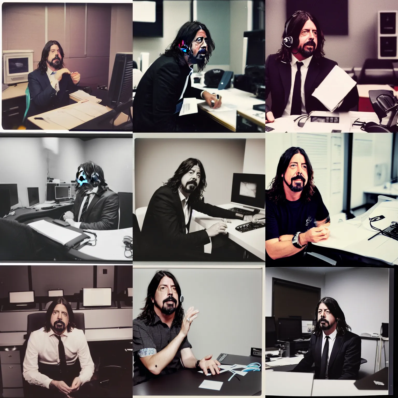 Prompt: Dave Grohl, wearing a suit, sitting behind a desk, working in a call center, polaroid photograph, upscaled to 4k