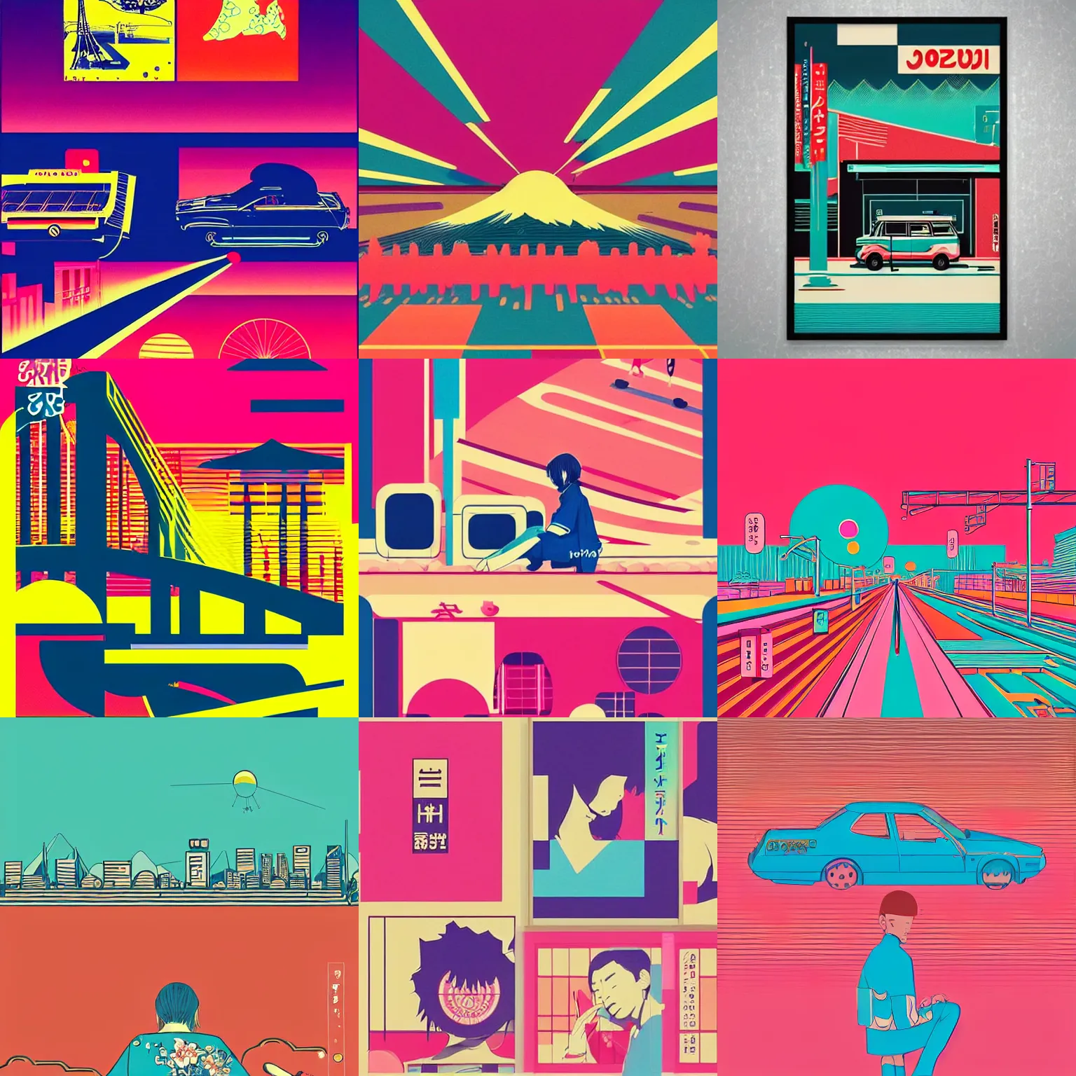 Prompt: beautiful illustration of layout of japanese pop art, city pop, frame, acid, modular synth, music, chillhop, obi strip, poster, 8 0 s, album art, trendy typography, lo - fi, logo, landscape, pinterest, dribble, influenced by retro and vintage, artstation, 8 k, user interface, underground, syd mead, moebius