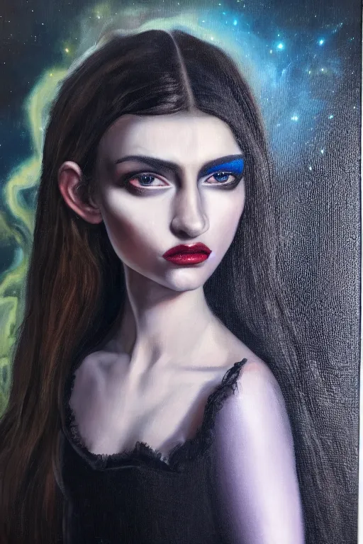 Image similar to hyperrealism oil painting, close - up portrait of european medieval brunette vampire fashion model, knight, steel gradient mixed with nebula sky, in style of baroque