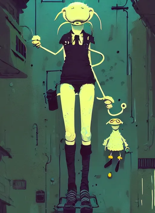 Image similar to highly detailed portrait of a moody sewerpunk young adult muppet lady by atey ghailan, by greg rutkowski, by greg, tocchini, by james gilleard, by joe fenton, by kaethe butcher, gradient yellow, black, brown and cyan color scheme, grunge aesthetic!!! ( ( graffiti tag city background ) )