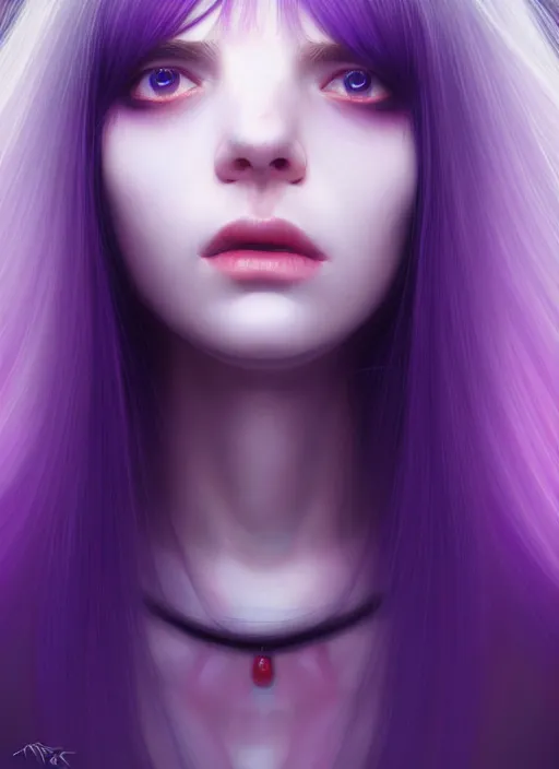 Image similar to hair whitebangs hair, black hair, whitebangs, portrait of teenage girl with white bangs, red irises, purple clothes, white bangs, bangs are different color from hair, intricate, elegant, glowing lights, highly detailed, digital painting, artstation, concept art, smooth, sharp focus, illustration, art by wlop, mars ravelo and greg rutkowski