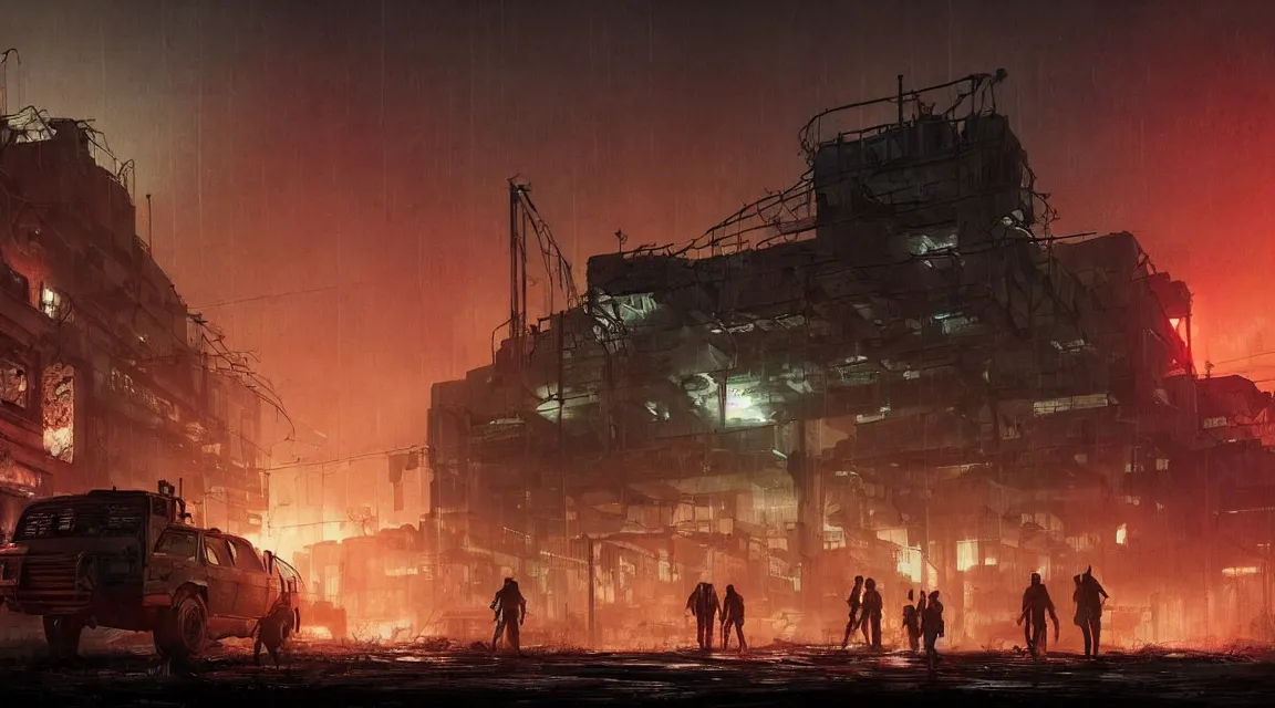 Image similar to The Last of Us city, Post apocalyptic factory at night time, dystopian style detailed digital art by Vladimir Manyukhin, trending on Artstation, outlined silhouettes, cloudy red sky, cyberpunk 2099 blade runner 2049 neon synthwave neon retro