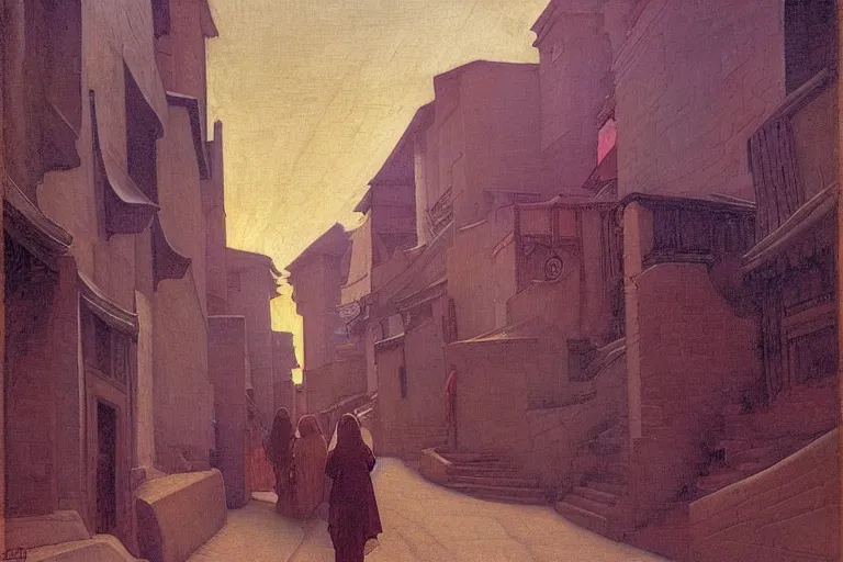 Image similar to winding street in a very old city by Annie Swynnerton and Nicholas Roerich and jean delville, glowing paper lanterns, strong dramatic cinematic lighting , ornate tiled architecture, lost civilizations, smooth, sharp focus, extremely detailed