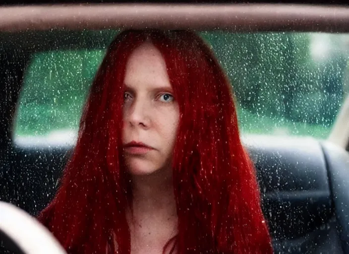 Prompt: A very high resolution image from a new movie, inside of a car, red hair woman, raining, hot, directed by wes anderson