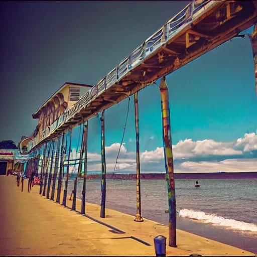 Image similar to close up of paignton pier, cinematographic shot,