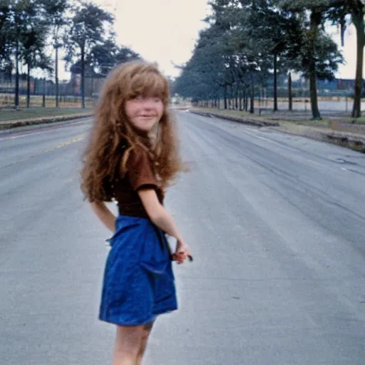 Prompt: 1 9 8 0 s girl standing in a wide open street