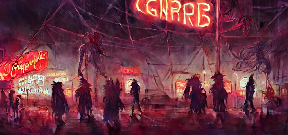 Image similar to close - up of old cyborgs exploring small town cyperpunk amusement, neon food signs, ancient big top circus tent, highly detailed, nightmare, japan, digital painting, concept art, matte, art by ruan jia and wlop and greg rutkowski and makoto shinkai, masterpiece