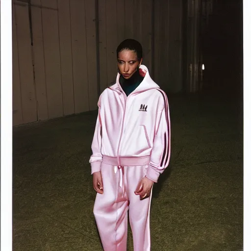 Prompt: realistic! photoshoot for a new balenciaga lookbook, color film photography, portrait of a beautiful woman wearing a track suit, photo in style of tyler mitchell, y2k!!!, 35mm lens
