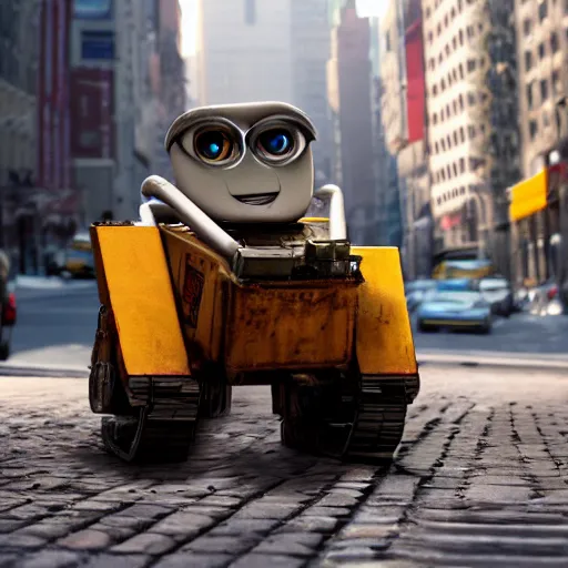 Prompt: Wall E as a beggar on new york street, 4k photorealistic, HD, high details, dramatic, trending on artstation