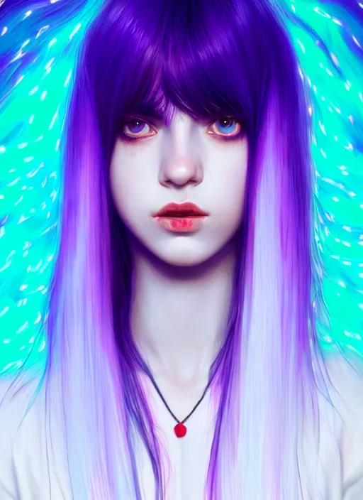 Image similar to hair whitebangs hair, black hair, whitebangs, portrait of teenage girl with white bangs, red irises, purple clothes, white bangs, bangs are different color from hair, intricate, elegant, glowing lights, highly detailed, digital painting, artstation, concept art, smooth, sharp focus, illustration, art by wlop, mars ravelo and greg rutkowski