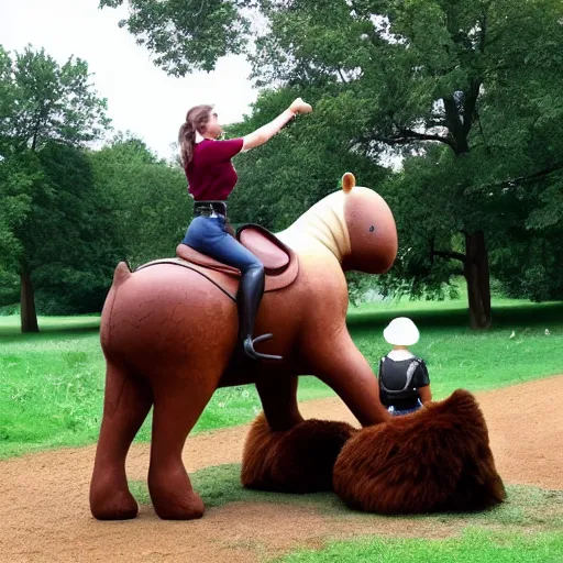 Prompt: equestrian riding a giant bear in the park