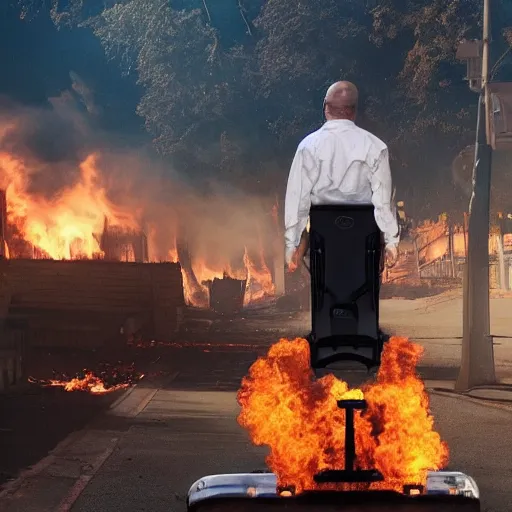 Image similar to Photo of Walter White standing on a hoverboard with several burning buildings behind him, centered, cinematic lighting, highly detailed, 8k